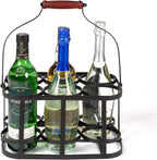 Metal Wine Bottle Carrier 6 Bottle Wine Carrier with Wood Handle (Black) | Farmhouse Metal Wine Rack Basket Caddy Decorative Wine Display Stand for Wedding Bar BBQ Picnic Red White Wine Milk Storage