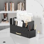 Bamboo Desk Organizer Mail Holder Countertop Wood Desk Drawer Tabletop Storage Box Pen Holder Letter Sorter Makeup Organizer for School Home Office Supplies with Pen Holder Black