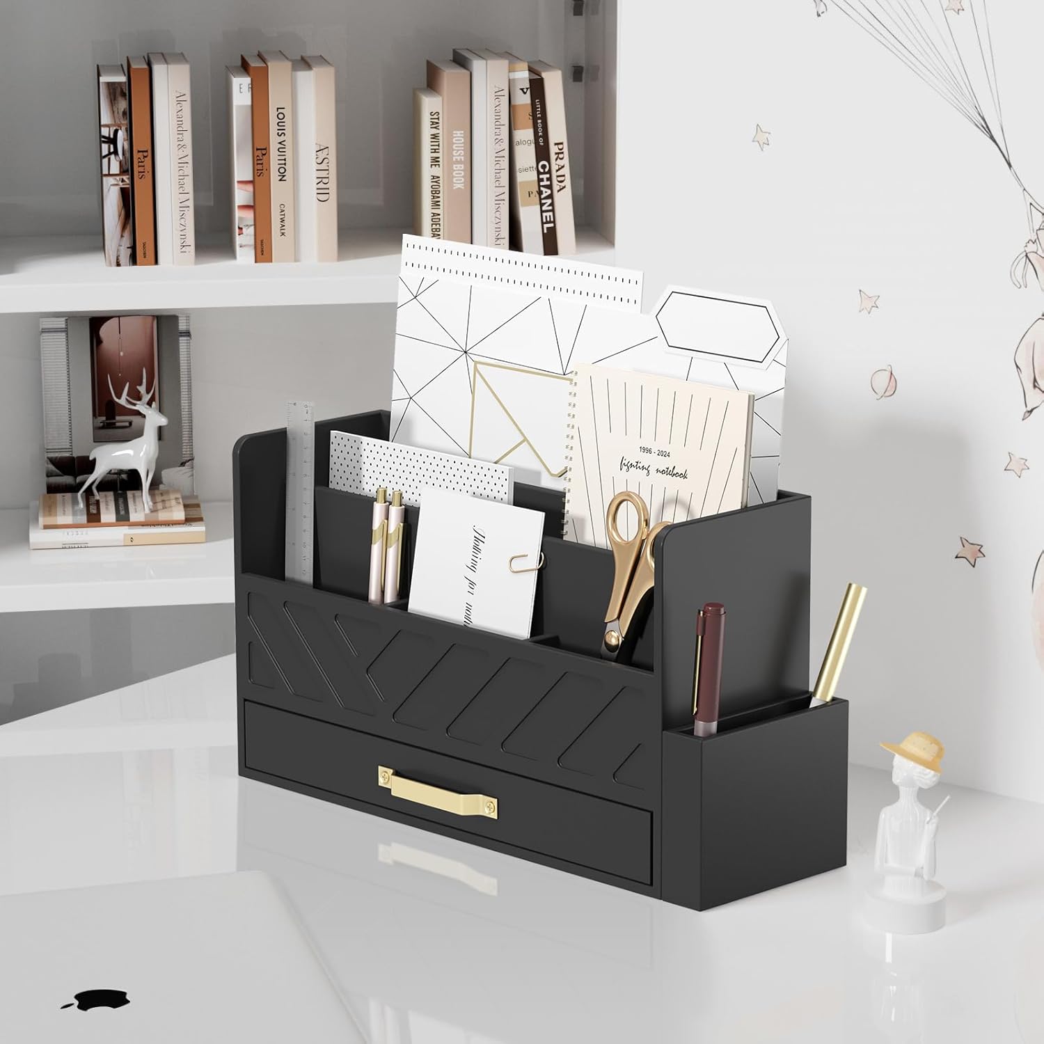 Bamboo Desk Organizer Mail Holder Countertop Wood Desk Drawer Tabletop Storage Box Pen Holder Letter Sorter Makeup Organizer for School Home Office Supplies with Pen Holder Black
