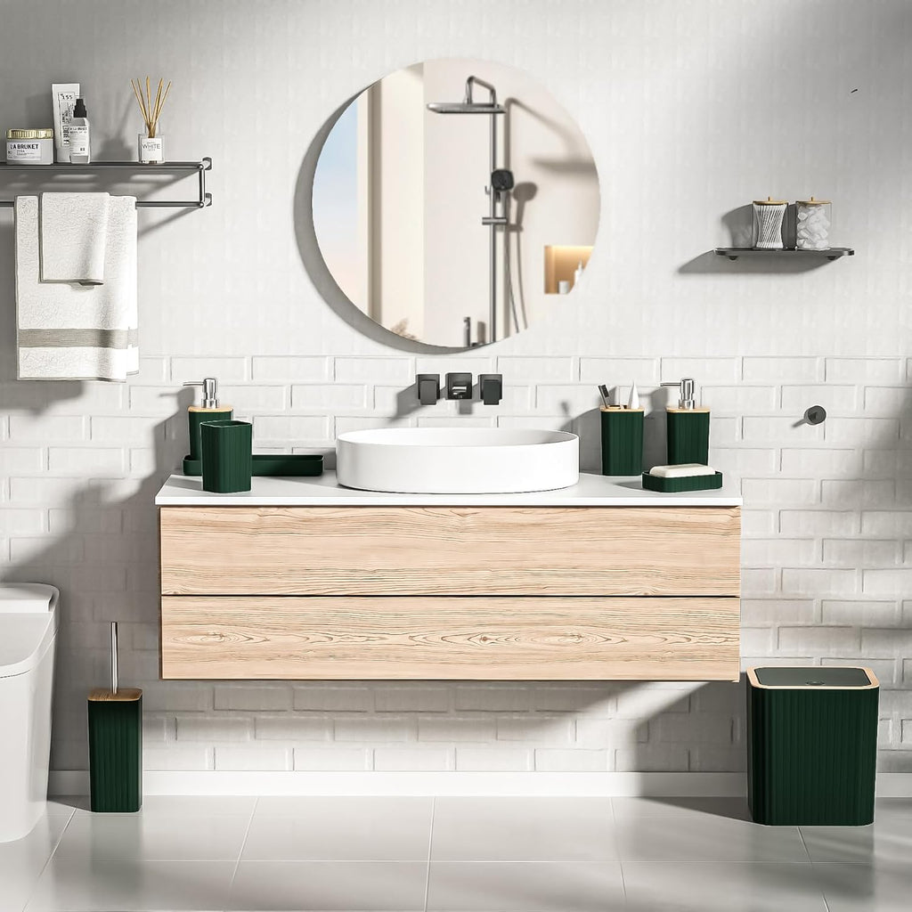 Bathroom Set - Elegant Green Bathroom Set, 10PC Green Bathroom Accessories Set, Bathroom Sets with Toilet Brush, Bathroom Trash Can