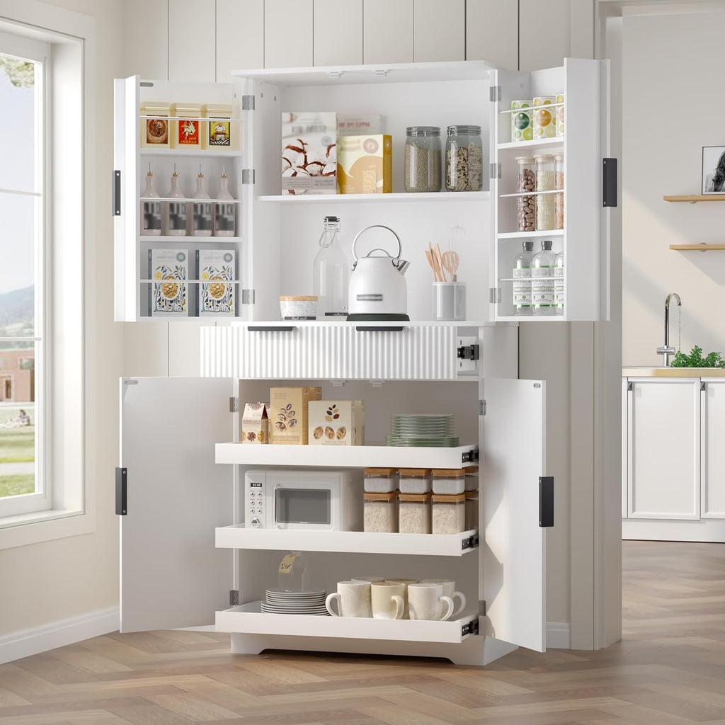 72" Tall Fluted Kitchen Pantry Cabinet with 3 Drawers 6 Adjustable Door Shelves Large Freestanding Storage Cupboard for Kitchen Bathroom Dining Room Office Entryway White