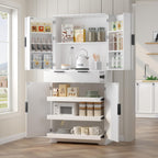 Freestanding Kitchen Pantry with Striped Dawer, 3 Ajustable Shelves, 2 Double Doors with 4 Shelves, Rectangular Storage Cabinet, Modern Minimalist, for Living Room, Dining Room, White