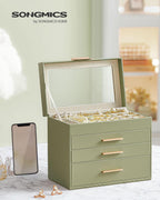 SONGMICS Jewelry Box Organizer with Glass Lid, 4-Layer Jewelry Storage, with 3 Drawers, Modern Style, Christmas Gift, 6 x 9.9 x 8.5 Inches, Laurel Green UJBC161C02