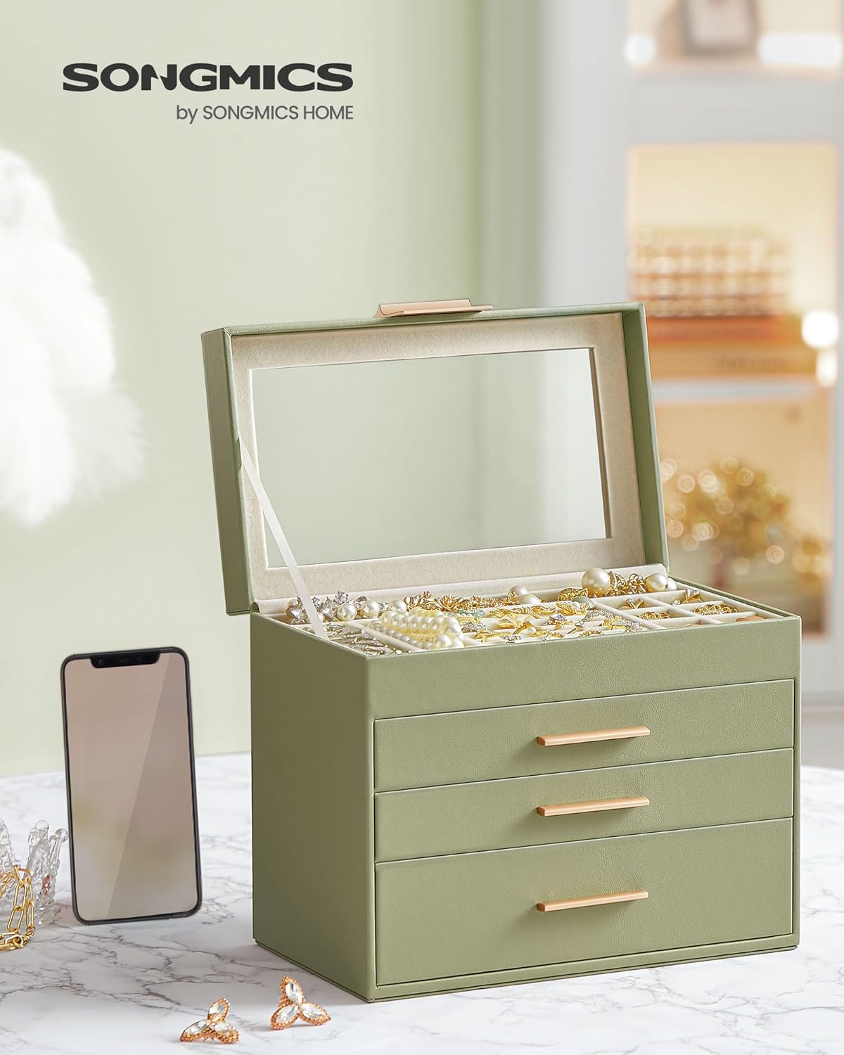 SONGMICS Jewelry Box Organizer with Glass Lid, 4-Layer Jewelry Storage, with 3 Drawers, Modern Style, Christmas Gift, 6 x 9.9 x 8.5 Inches, Laurel Green UJBC161C02