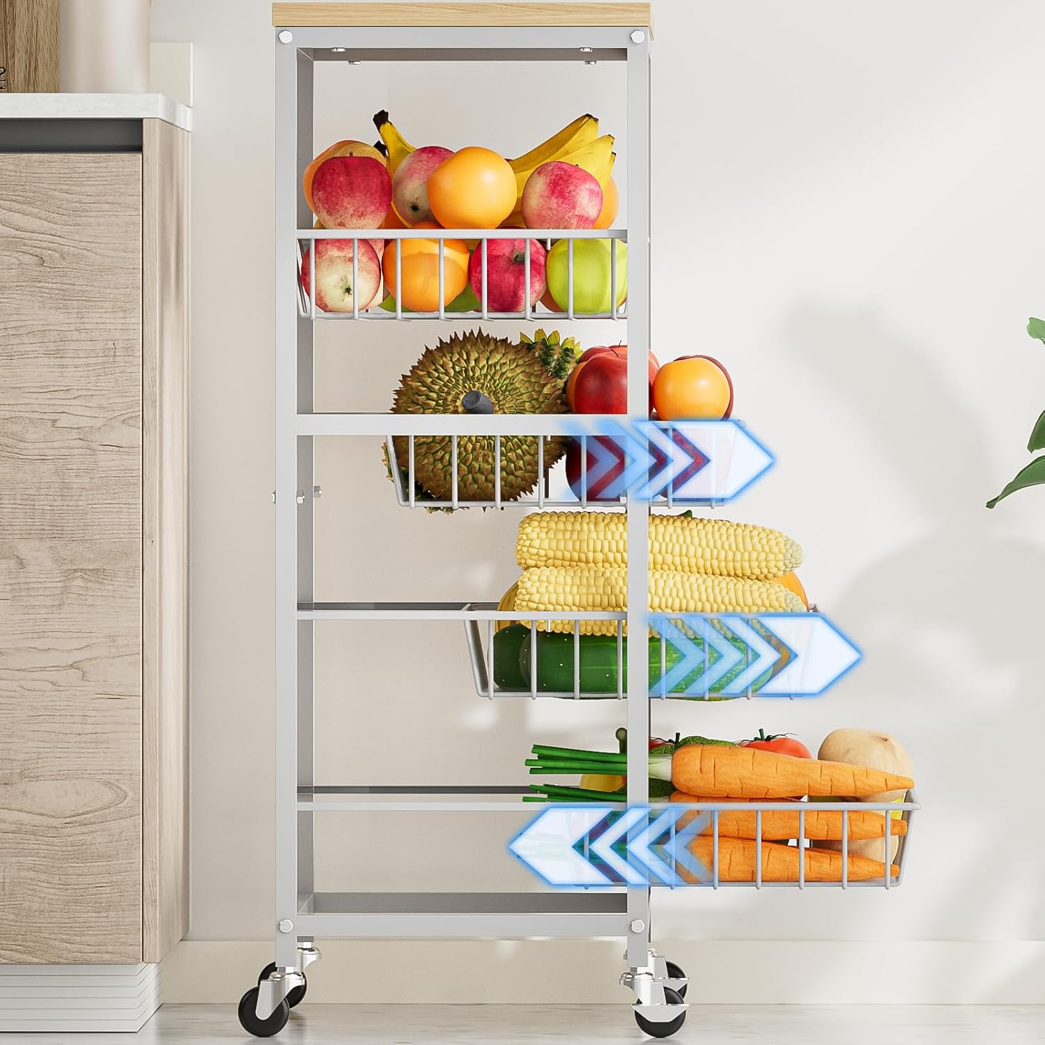 Snack Cart, 5-Tier Kitchen Carts on Wheels with Storage,Fruit Basket Stand with Pull-Out Baskets and Wood Top,Kitchen Organizer for Fruit Vegetable Snack (Oak Beige)