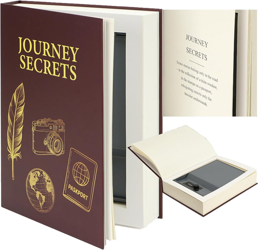 Large Decorative Book Safe with Combination Lock, 10.82"×7.67"×1.77" Hidden Storage Diversion Box for Cash, Phone, Passport, Valuables – Home Office Bookshelf, Journey Secrets