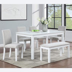 KEIKI 6-Piece Standard Height Dining Table Set with Rectangular Table, 4 Upholstered Chair, Bench, for 6 Person, Modern Crystal Decoration Table Set, Easy Assembly, for Kitchen, Dining Room, White