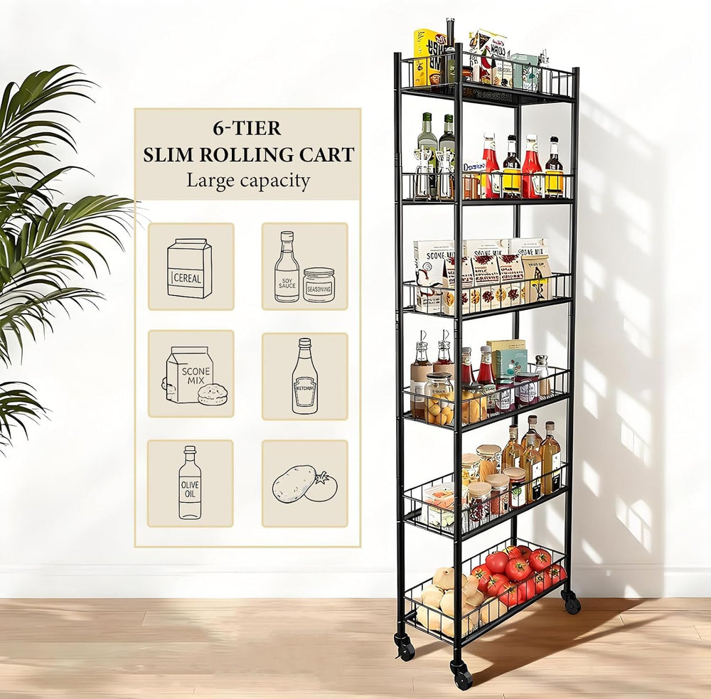 Utility Slim Storage Cart 6 Tier Narrow Metal Frame Carts | 6 Tier Narrow Kit...