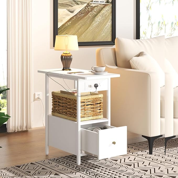 LIDYUK End Table with Charging Station, Narrow Side Table with Drawer and USB...