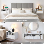 Modern Matte White Fluted Floating Nightstand with Charging Station, NightStand with Drawers, Bedside with USB Ports and Outlets, Bedroom Furniture (Set of 2)