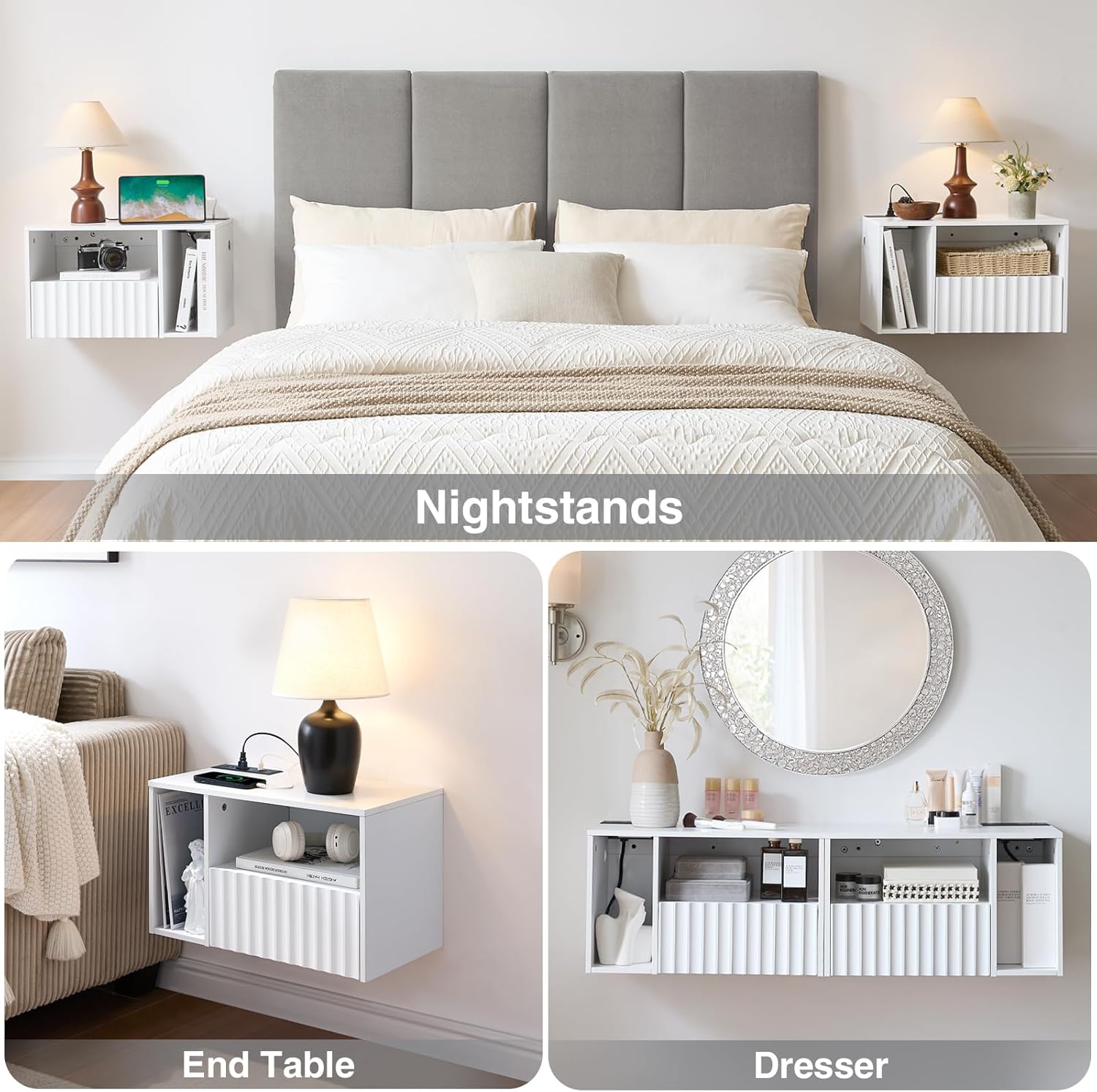 Modern Matte White Fluted Floating Nightstand with Charging Station, NightStand with Drawers, Bedside with USB Ports and Outlets, Bedroom Furniture (Set of 2)