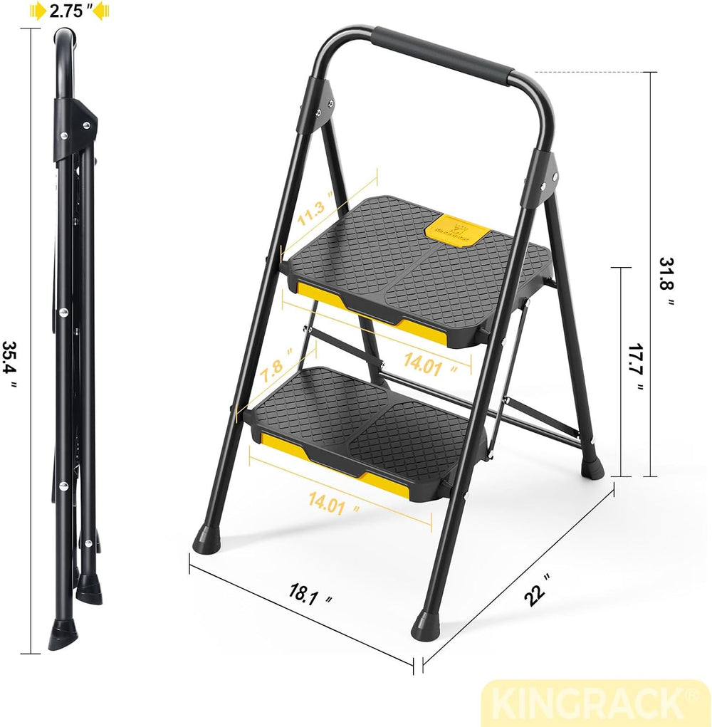 KINGRACK 2 Step Ladder, Sturdy Steel Step Stool with Safe-Lock Design, Handra...