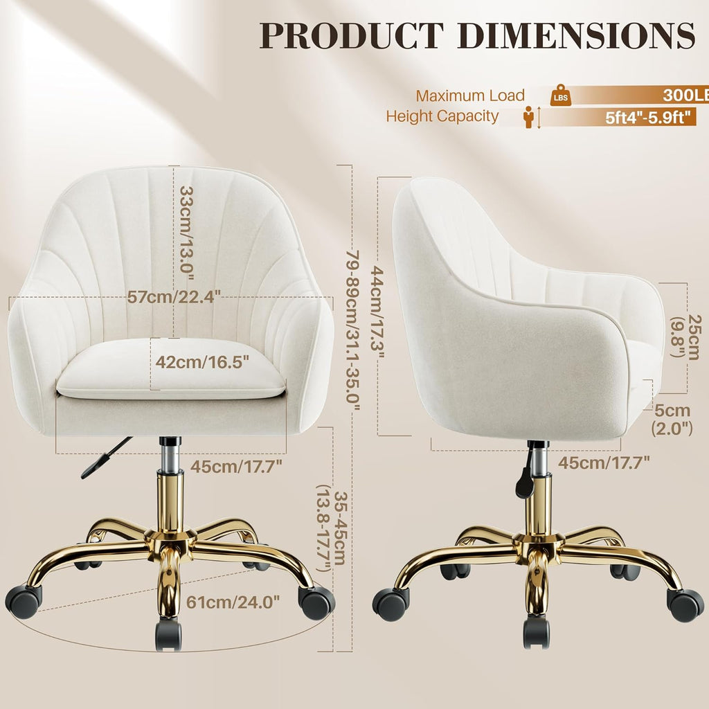 Vanity Chair with Wheels, Comfy Home Office Desk Chairs Adjustable Modern Velvet Makeup Vanity Chairs for Bedroom Living Room-Beige