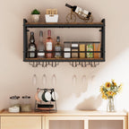 Shikha LED Wall Mounted Wine Rack with Glass Holder for Home Bar Kitchen | 31.4 Inch Retro Hanging Wine Display Shelf with RGB LED Lights, Stemware Holder, 2 Tier Wood-Metal Wine Bottle Storage Rack