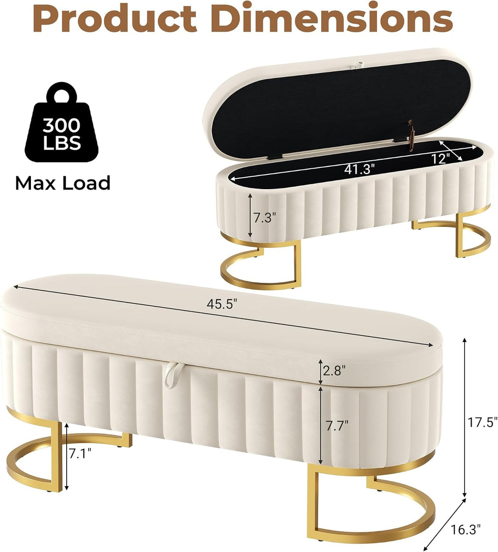 Storage Ottoman Bench, 45" Velvet End of Bed Bench Bedroom Bench with Go...
