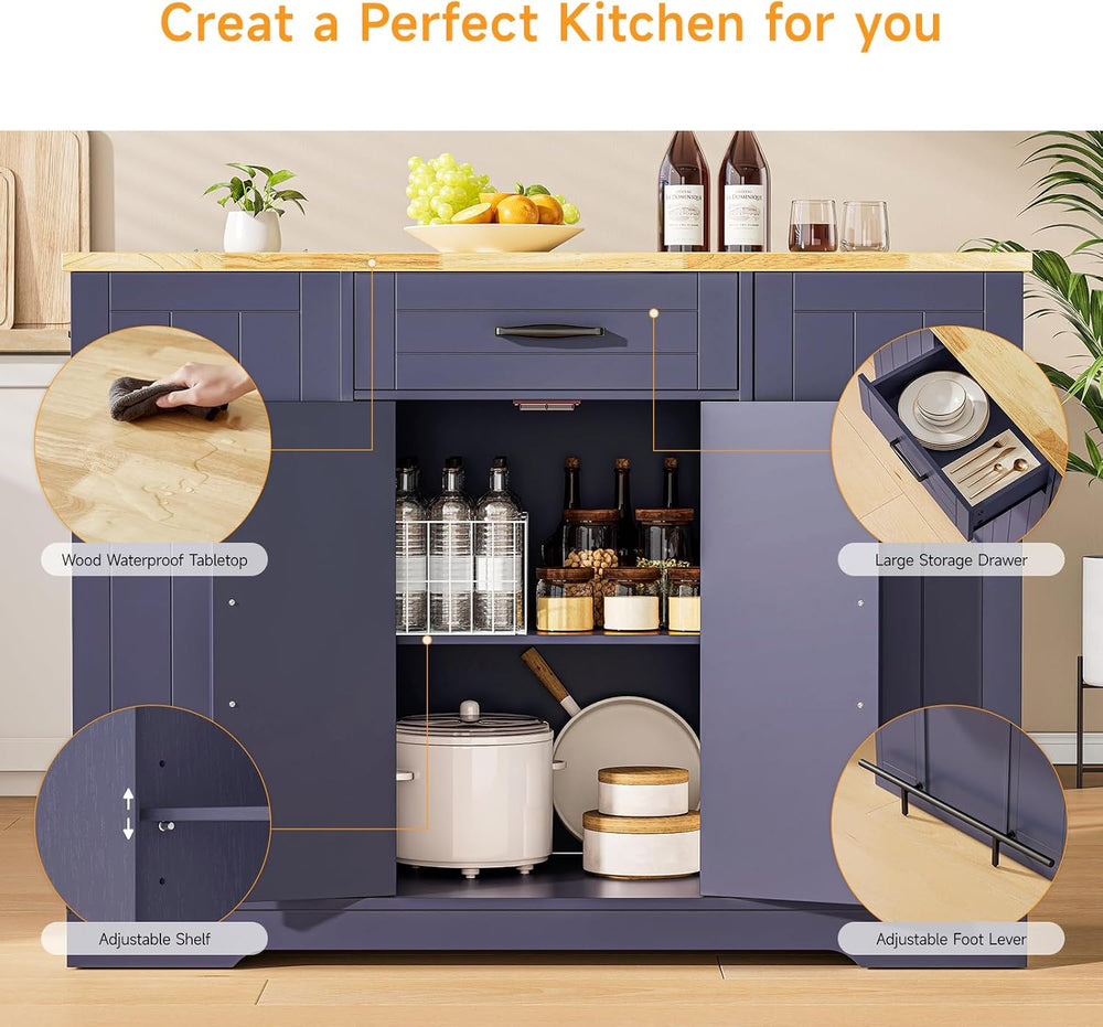 ONBRILL 47" Kitchen Island with Trash Can Storage, Include 2 Chairs, Blu...