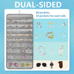 Travel Jewelry Organizer Dual Sided Hanging Earring Holder Bracelet Storage Rolls Rings Display Case with 68 Zippered Pockets (GREY)