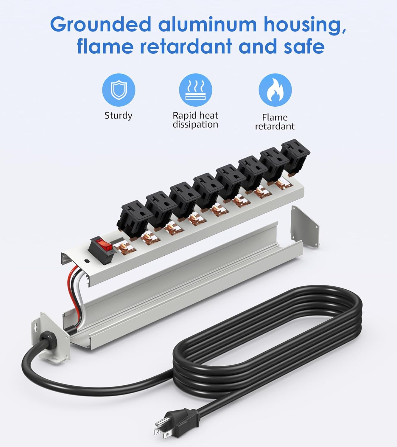 CCCEI Corner Mount Angle Power Strip, Under Cabinet Heavy Duty 8 Outlets Power Strip 20Amp, Metal Underneath Desk Plug Surge Protector, Wall Mountable, for Garage, Shop, Kitchen. 10FT Extension Cord.