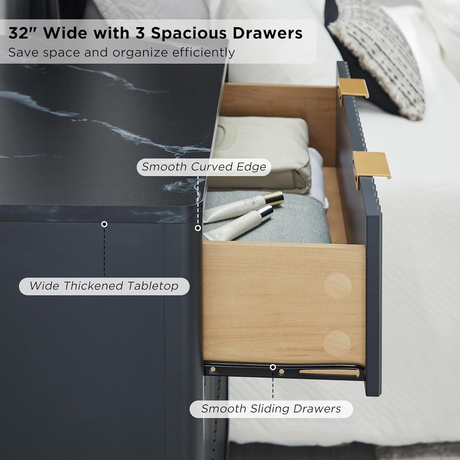 T4TREAM Fluted 3 Drawers Nightstand Set of 2, Oversized Extra Large Modern Side Table with Faux Marble Top, End Table Bedside for Bedroom, Living Room, Curved Profile Design, Dark Grey