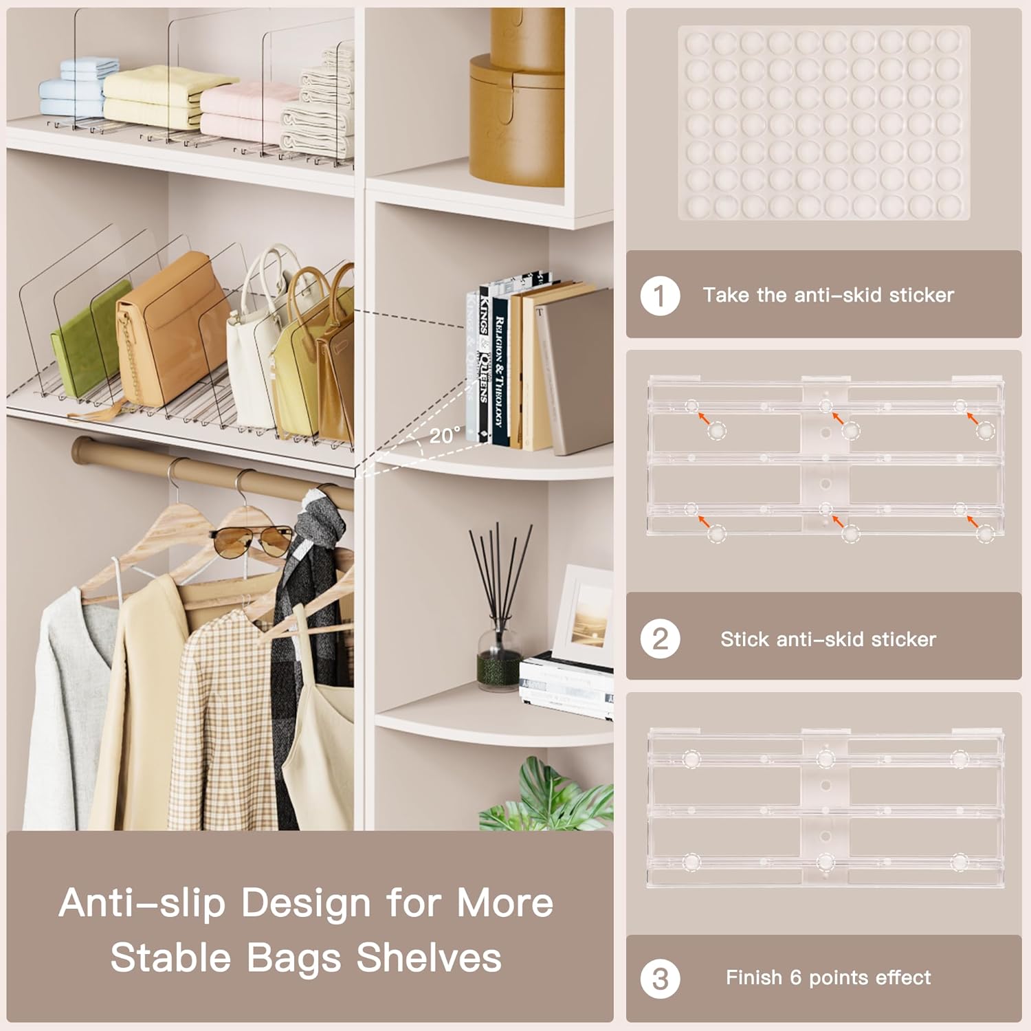 Criusia Adjustable Closet Purse Organizer Rack – 28.8" Extra-Long Shelf Divider with 6 Base Panels & 8 Dividers – Non-Slip Handbag Holder for Bags, Clothes, Kitchen, Office