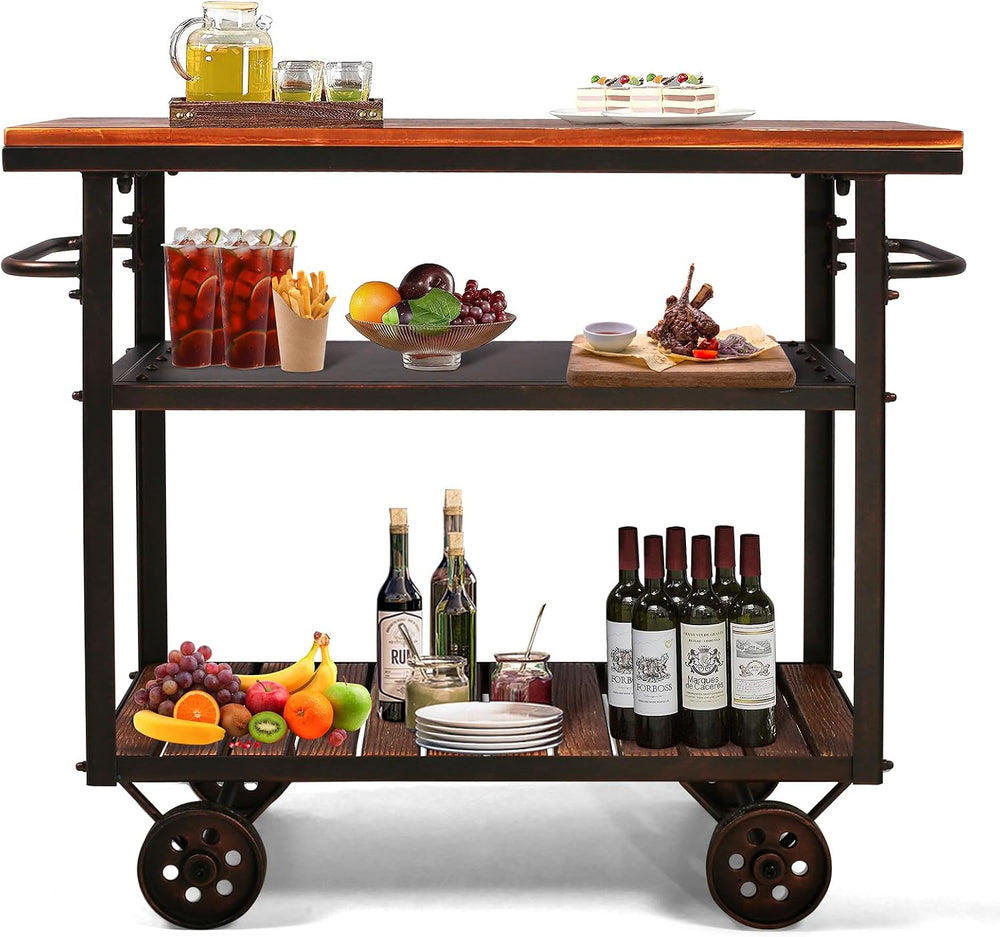 Topower Industrial Bar Cart, Serving Cart with Wheels and Handle, 3-Tier Beve...