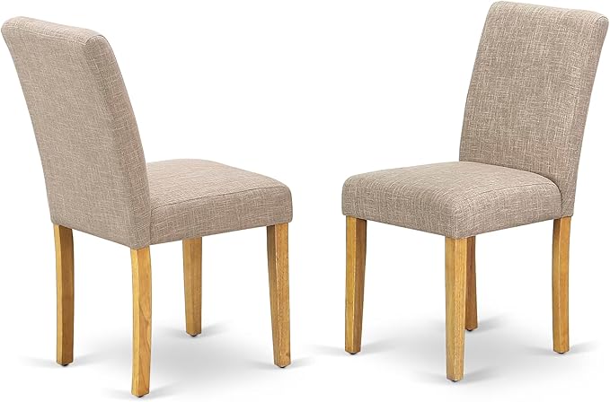East West Furniture AMAB3-OAK-04 3 Piece Dining Set Contains a Round Kitchen Table with Pedestal and 2 Light Tan Linen Fabric Parson Dining Room Chairs, 36x36 Inch, Oak