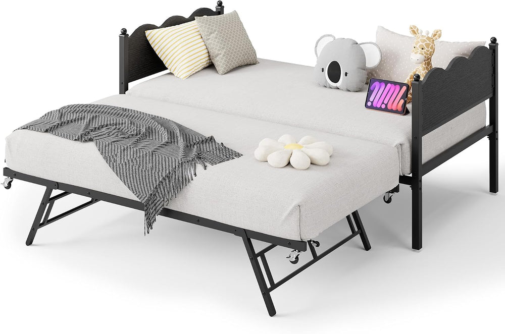 IDEALHOUSE Twin Daybed with Trundle, Day Bed with Industrial Wood Grain Headb...
