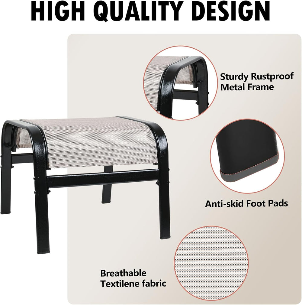 Patio Outdoor Ottoman 2 Set, Portable Footstools Textliene Metal Foot Rest Beige