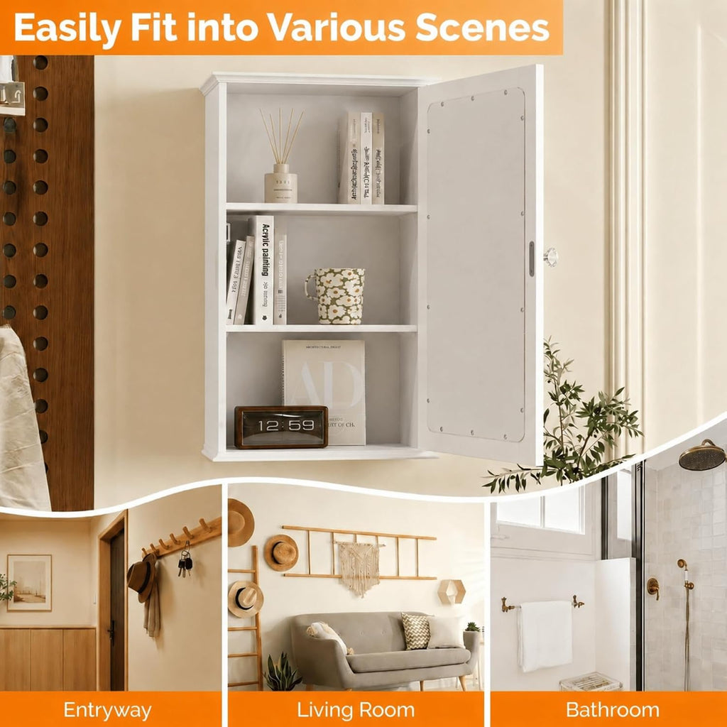 Bonnlo White Mirrored Medicine Cabinet, Wall Mounted Bathroom Storage Cabinet with Mirror Door, Adjustable Shelves & Magnetic Closure, Small Bathroom Organizer for Over Toilet or Sink