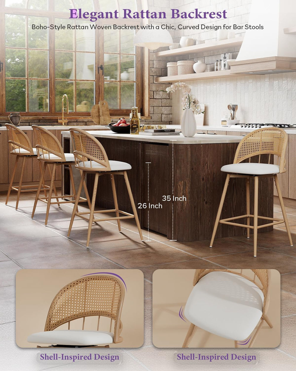 26'' Barstools Set of 4, Rattan Counter Height Swivel Stools for Kitchen