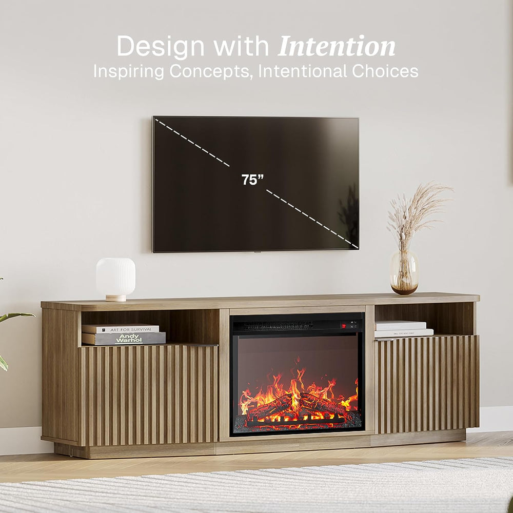 BELLEZE Fluted TV Stand with 23" Electric Fireplace Heater with Sound, 6...