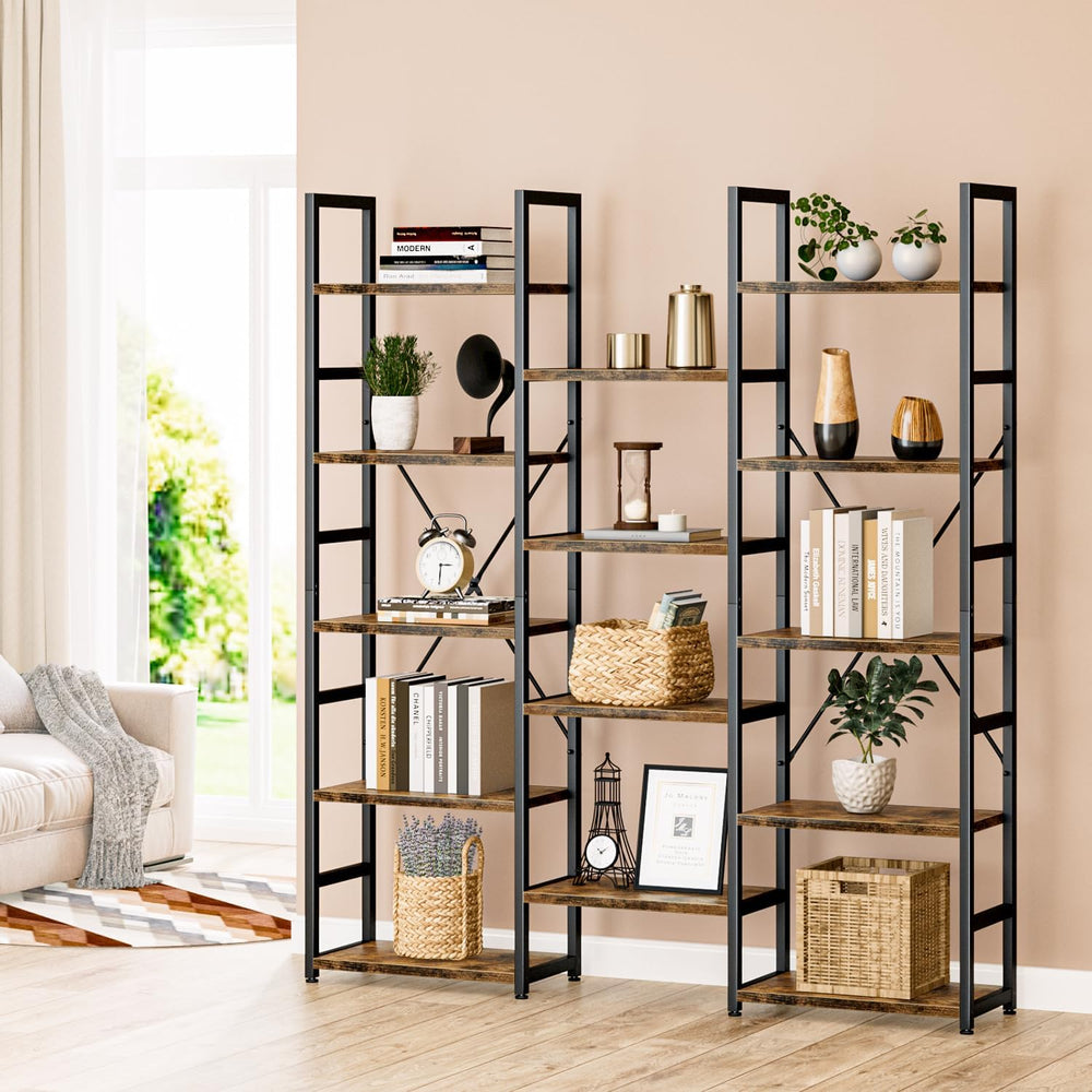 NUMENN Triple Column 5 Tier Bookshelf with 14 Adjustable Shelves, Vintage | M...