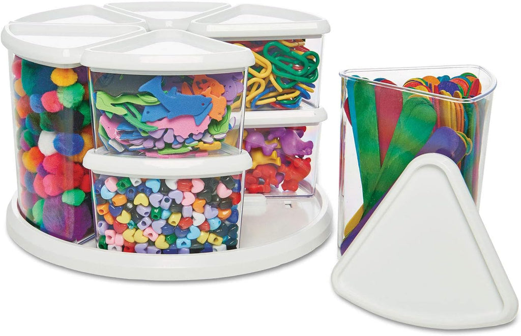 Deflecto Rotating Carousel Craft Organizer, 9-Canister, Includes 3" and 6" Canisters, Removable, Clear, Lids