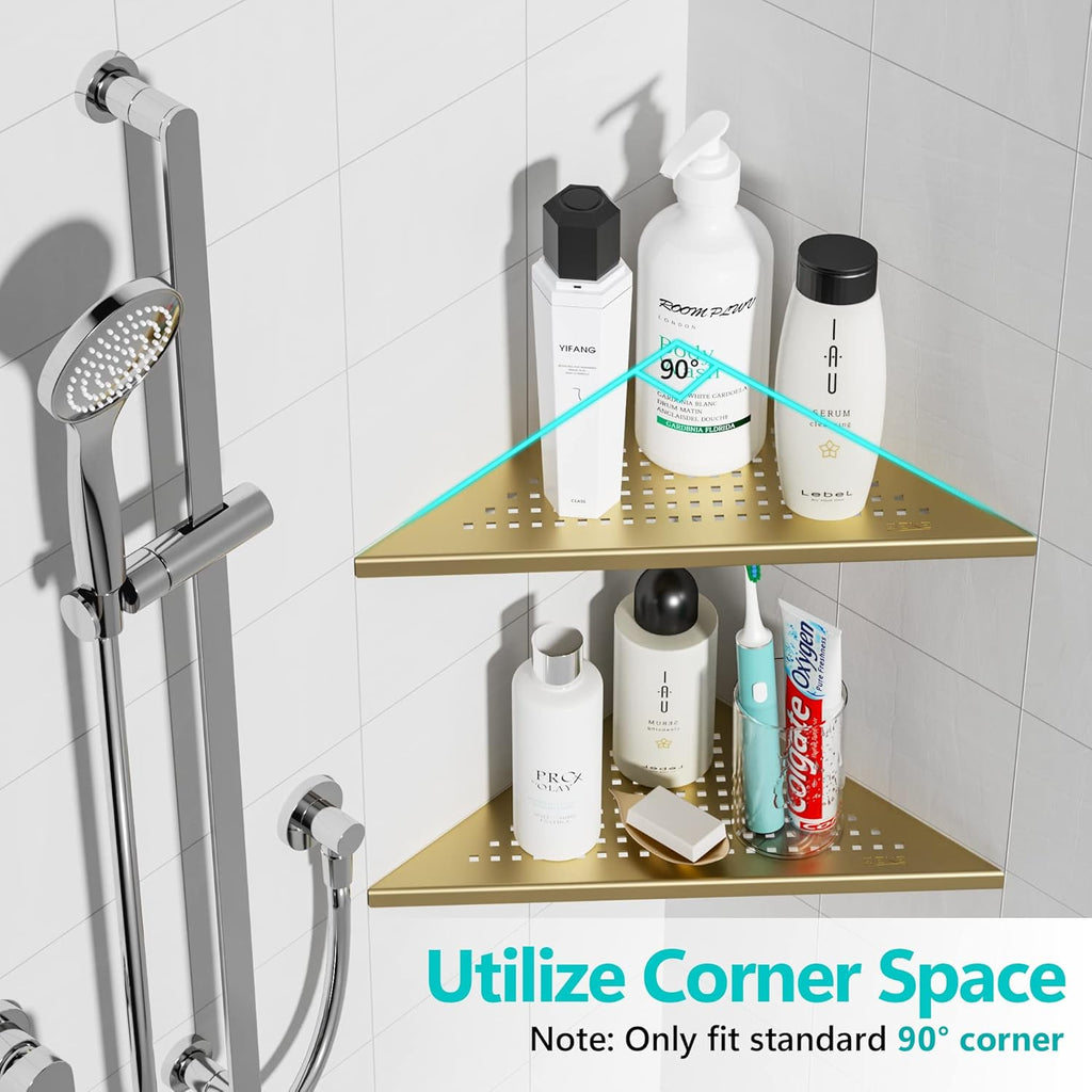 2 Pack Bathroom Corner Shelf, Recessed 12" Corner Shower Shelf, SUS304 Stainless Steel Triangular Wall Mount, No Drilling, Brushed Golden