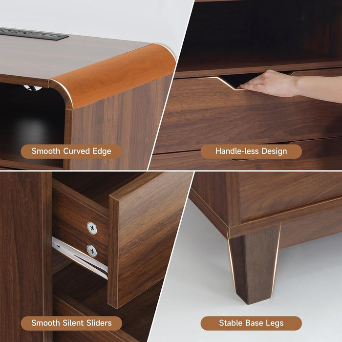 Nightstands Set of 2 with Charging Station, Mid Century Modern Night Stands with LED Light, 23.6" Wide Wood Bed Side Tables Bedroom, Large Bedside Table, Curved End Table with 2 Drawers| Walnut