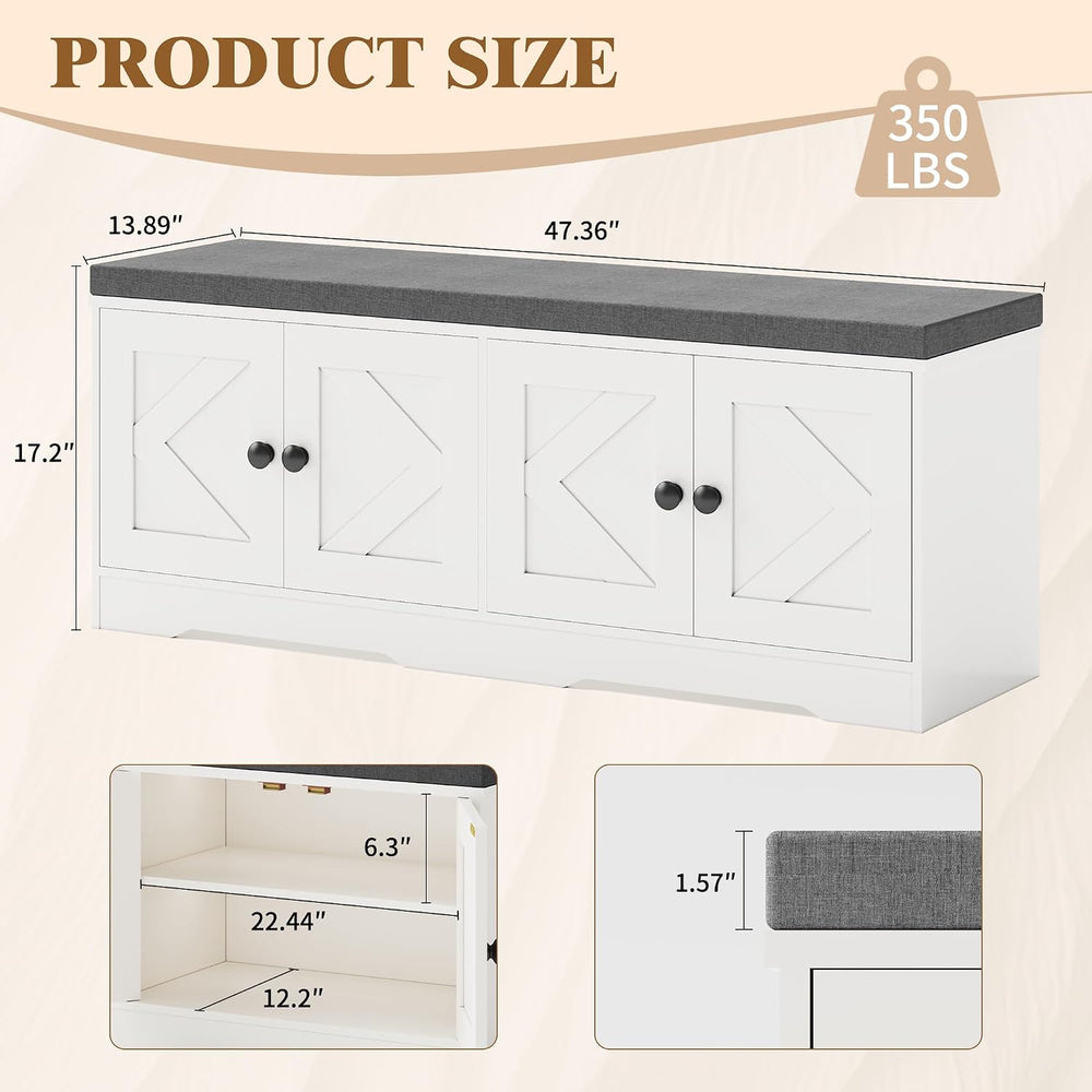 Apicizon Storage Bench with Seat Cushion, 2 Tier Entryway Bench with 4 Barn D...
