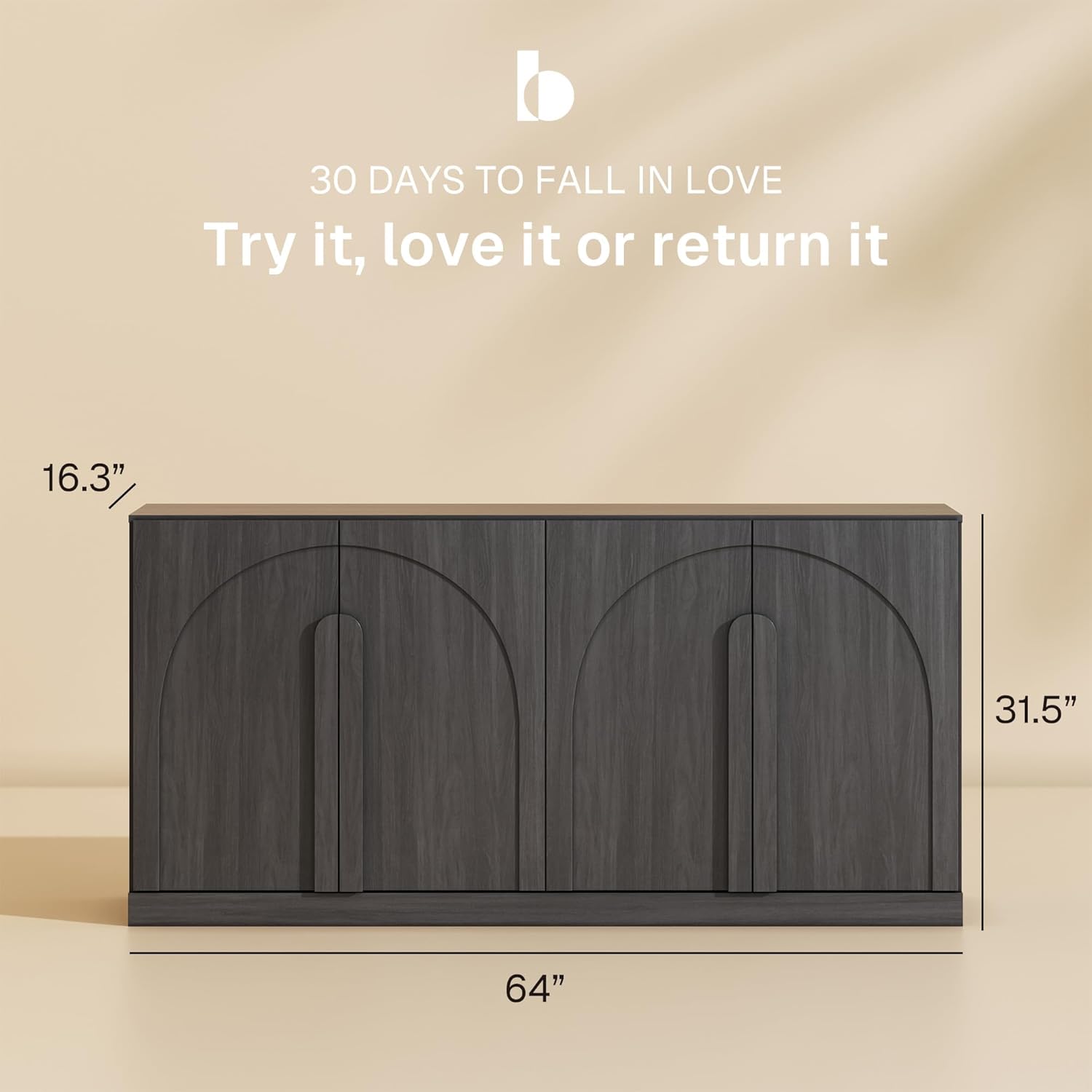 BELLEZE Bijou 64" Modern Buffet Sideboard, Mid-Century Arch Carved Wood Door Cabinet, Textured Storage Console for Living Room, Kitchen, Entryway - Ebony