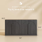 BELLEZE Bijou 64" Modern Buffet Sideboard, Mid-Century Arch Carved Wood Door Cabinet, Textured Storage Console for Living Room, Kitchen, Entryway - Ebony