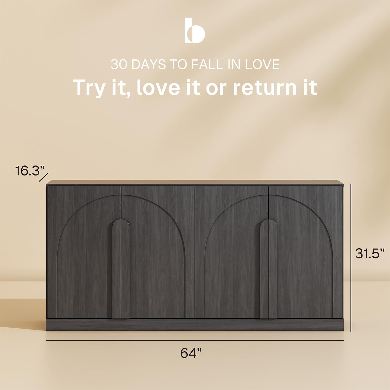 BELLEZE Bijou 64" Modern Buffet Sideboard, Mid-Century Arch Carved Wood Door Cabinet, Textured Storage Console for Living Room, Kitchen, Entryway - Ebony