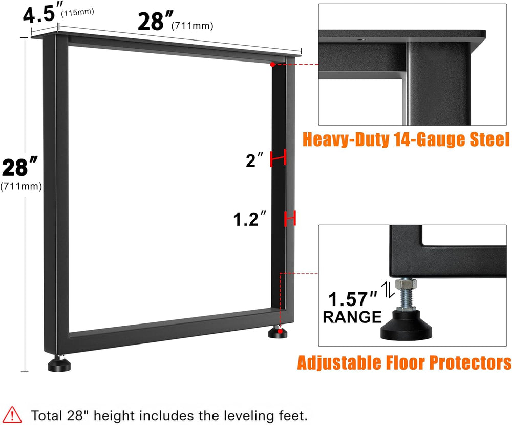28" Heavy Duty Square Metal Dining Table Legs, 28x28, Set of 2