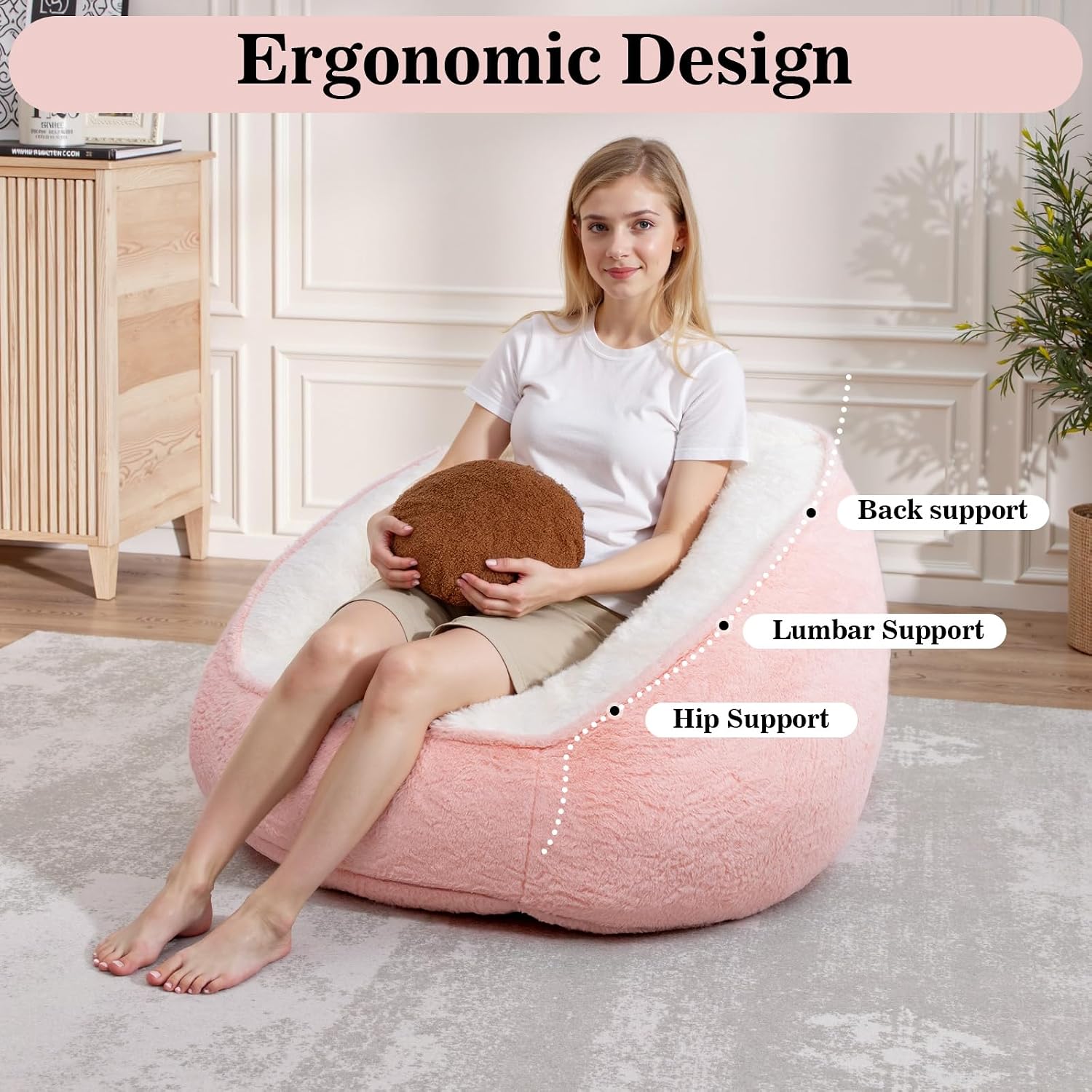 HOMMPA Bean Bag Chair for Teens Comfy Faux Fur Bean Bag Couch with Back Support Stuffed Lazy Floor Sofa for Living Room Bedroom Dorm Peach Pink