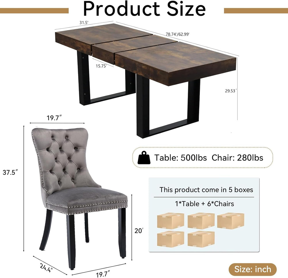 7-Piece Extendable Dining Table Set for 6, 63-78 Inch Rustic Brown Kitchen Ta...