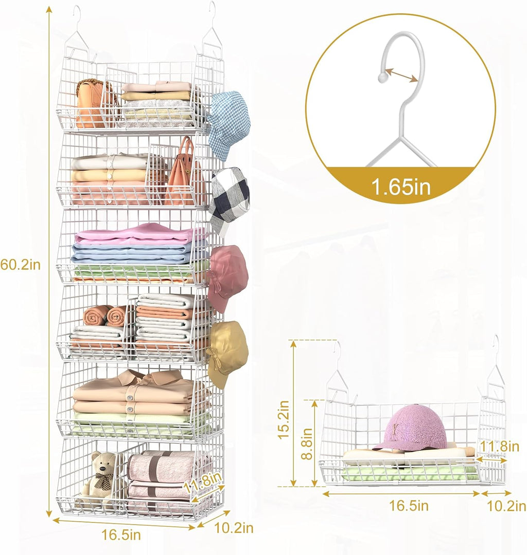 6 Tier Extra Large Hanging Closet Organizer, Closet Storage Hanging with Dividers, Wire Closet Shelf with 5 S Hooks 4 Dividers,Sweater Handbag Hat Accessory Storage Hanger,White