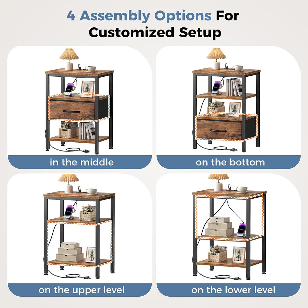 OLIXIS Nightstand with Charging Station, Beside Table with Fabric Drawer | 3-...