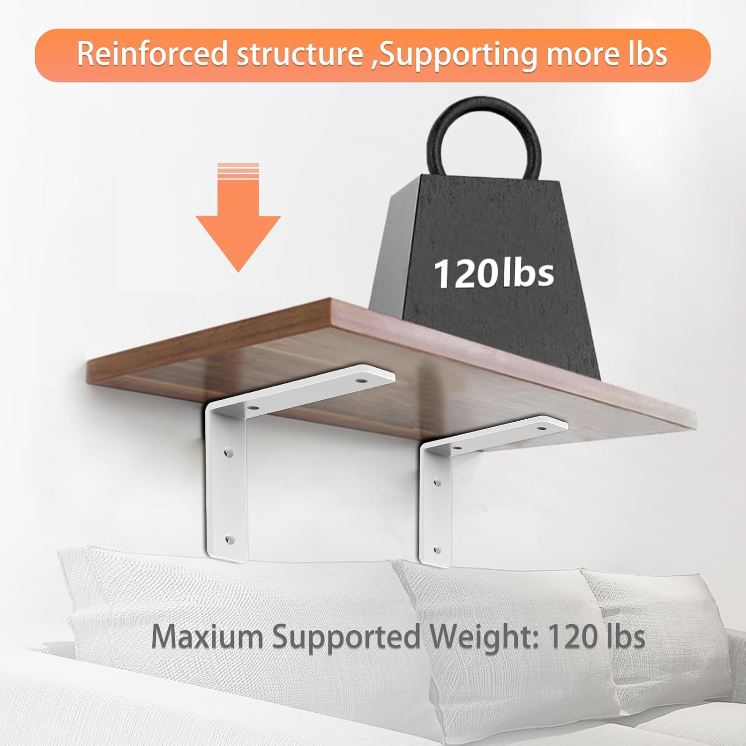 White Heavy Duty Shelf Brackets 12 Inch, Extra Thick L Shelving Brackets, Rustic Gold Iron Floating Shelves Wall Mounted with Hardware for DIY Open Shelving, 4 Pack