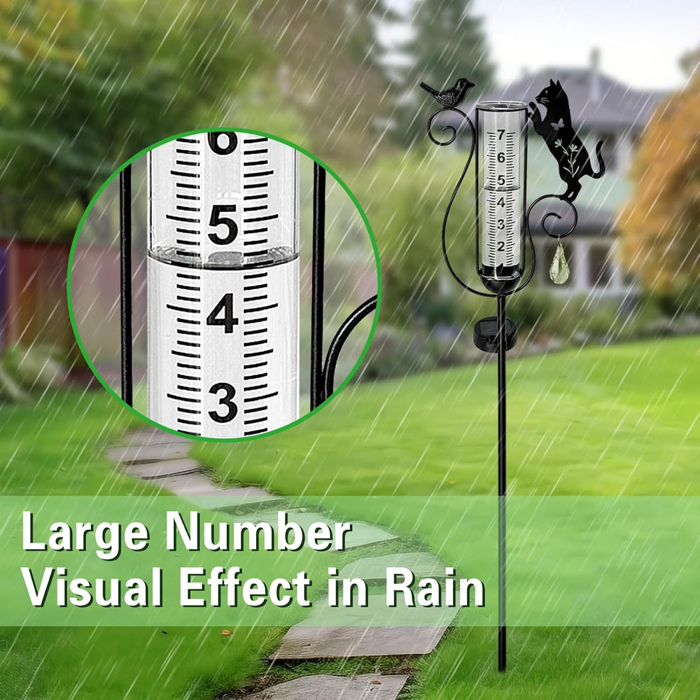 Rain Gauge Outdoor Decorative,Metal Black Cat Solar Lights Outdoor Garden