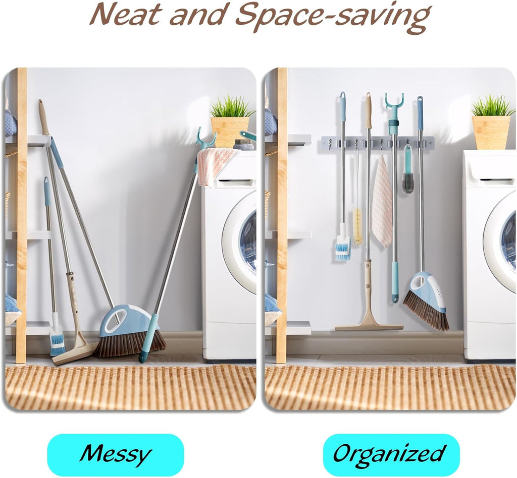 Gray Mop Broom Holder Wall Mount with 4 Slots & 4 Hooks - Wood Broom Mop Hanger for Pantry Closet Laundry Room Organization - Heavy Duty Garden Tool Organizer