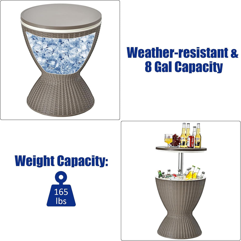 Giantex Outdoor Ice Cooler Side Table with Adjustable Height, 8 Gal Beverage Bucket with Drain Plug, Rattan Patio Bar Table for Poolside, Deck, BBQ & Backyard Parties