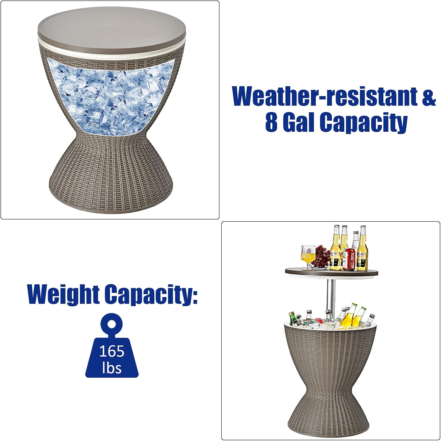 Giantex Outdoor Ice Cooler Side Table with Adjustable Height, 8 Gal Beverage Bucket with Drain Plug, Rattan Patio Bar Table for Poolside, Deck, BBQ & Backyard Parties