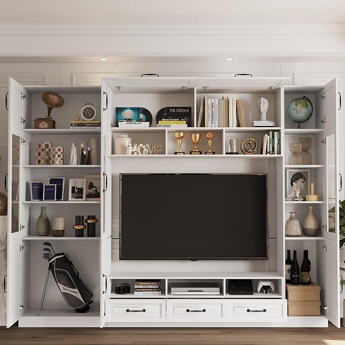 110.2" Entertainment Center Wall Unit with Glass Doors & Drawers, Large Wall Unit TV Stand for TVs up to 70", Media Console Table for Living Room, Can be Split into 4 Separate Cabinet, White